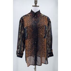 Saks Fifth Avenue Vintage Womens Brown Leopard Print Chiffon Button Top Sz US 10
